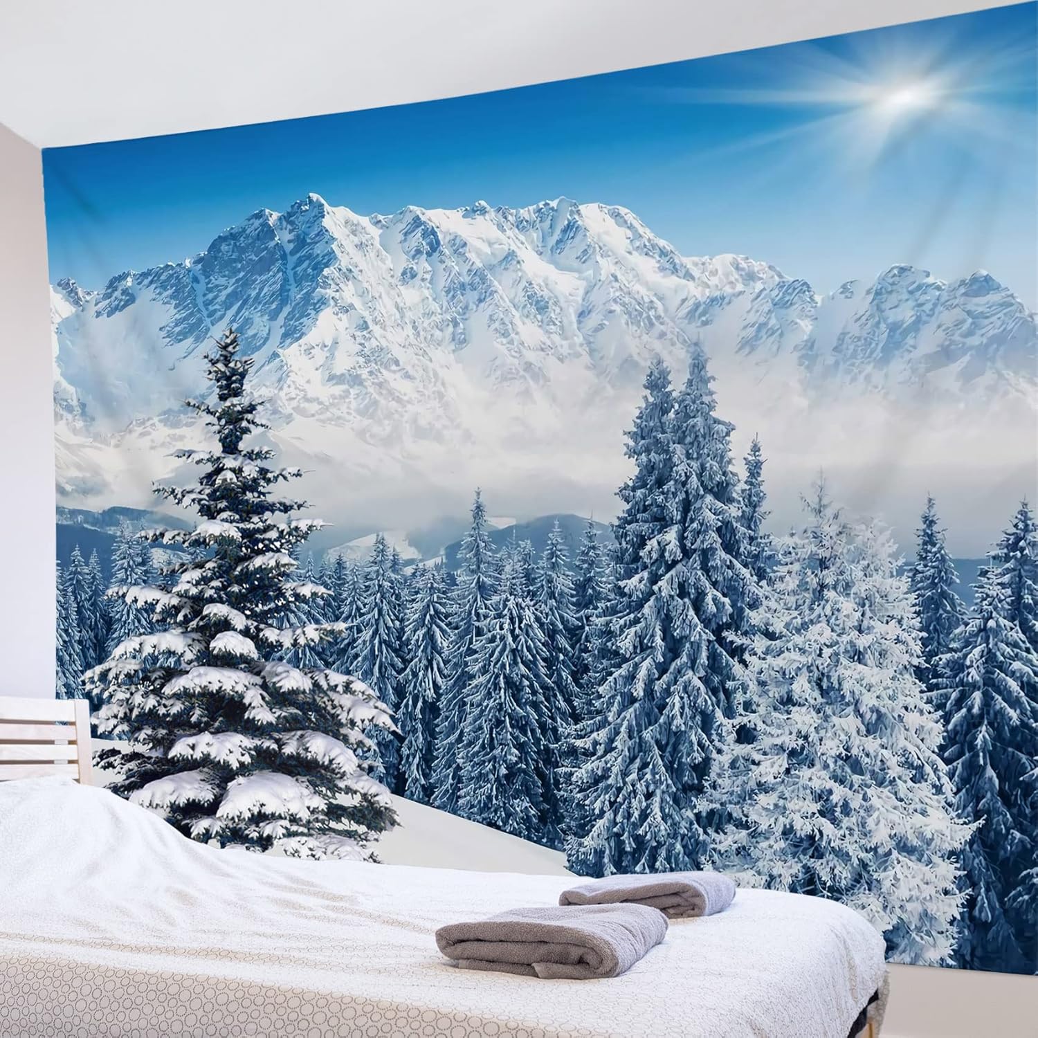 Tapestries - LB Winter Tapestry Mountain Forest Snowy Pine Tree Tapestry Wall Hanging Sunrise Nature Scenery Blue and White Tapestry for Bedroom Living Room Dorm, 90X70 Inch