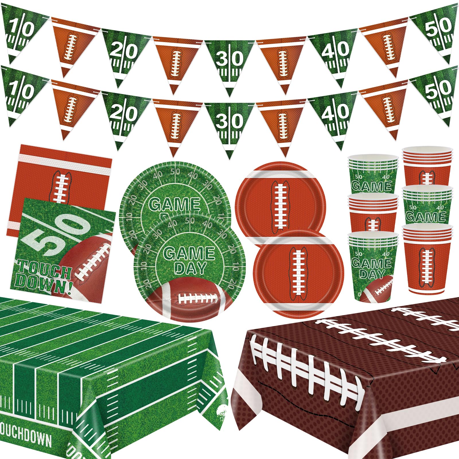 Photo 1 of 123 Pcs Football Tableware Set – Game Day Disposable Plates, Cups, Napkins, Tablecloths, and Banners Party Supplies for Tailgate, Sports Events, and Football-Themed Birthday Party Decorations