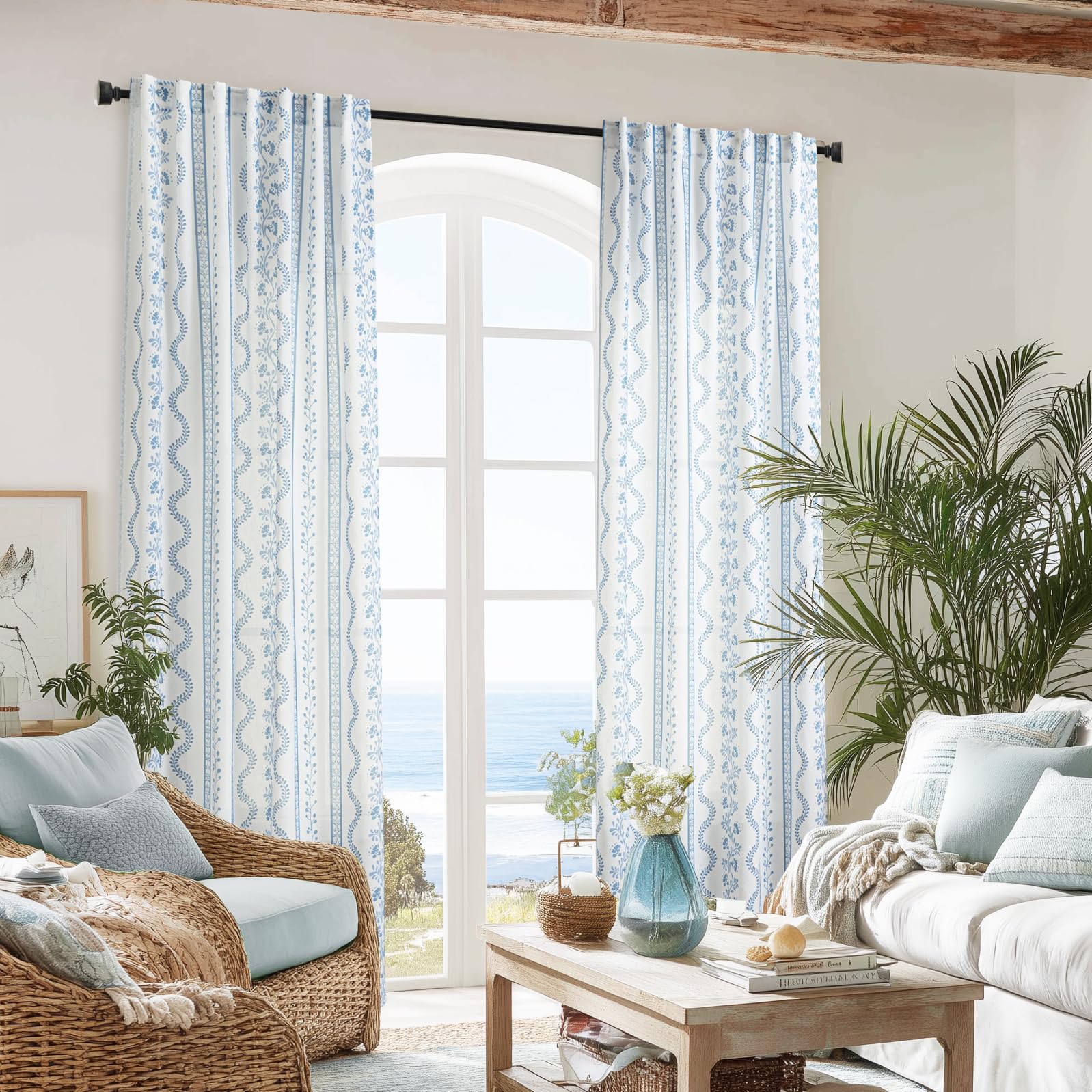 Photo 1 of ****COMES WITH 1 CURTAN*****Light Blue and White Sheer Floral Linen Curtains 96 Inches Long 2 Panels Set,Dusty Blue Nautical Beachy Pattern Printed Light Filtering Window Treatments for Living Room Bedroom