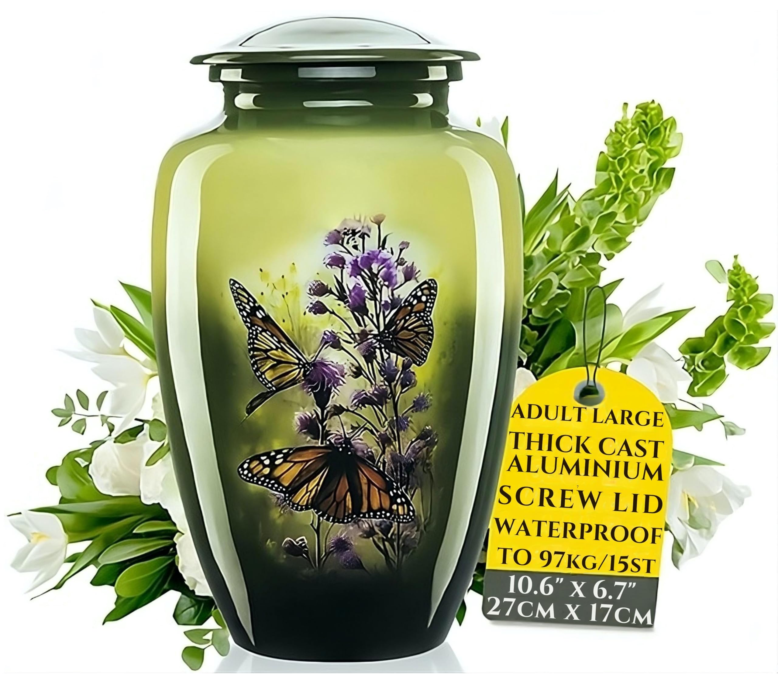 Urns for Ashes Adult Large Human Cremation Urn Metal Memorial Funeral Burial Urn Remains Screw Lid Waterproof Butterfly Sympathy Bereavement Gift Handmade Full Size Green Decorative Cast Aluminium