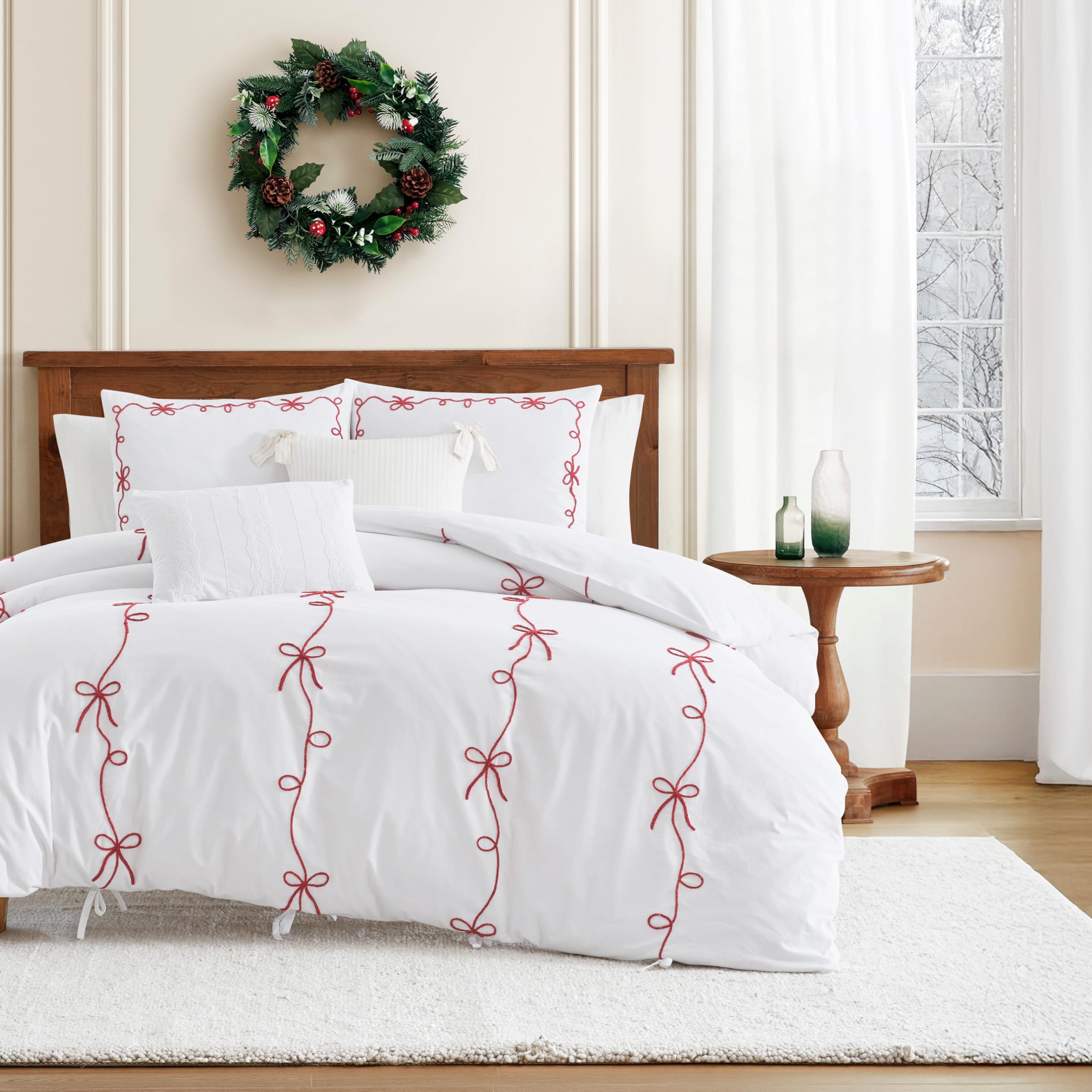 Peri Home Holiday Red Bows Bedding 100% Cotton 3-Piece Comforter Set, Full/Queen