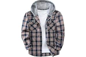 Puwasa Mens Flannel Hoodie Shirts Long Sleeve Casual Plaid Jacket Cotton Button Down Flannel Shirt for Men