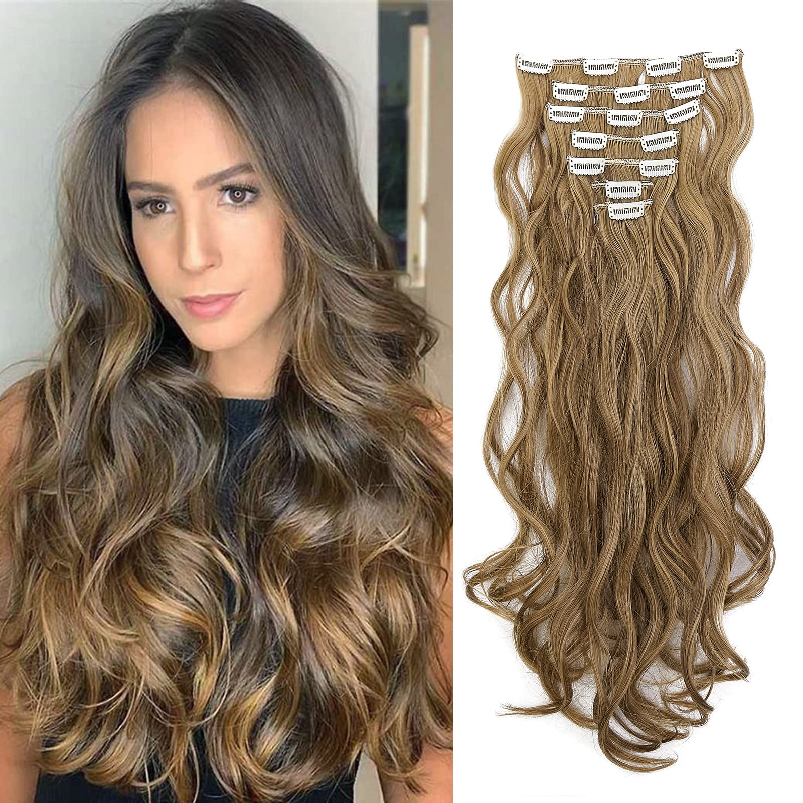 Gairyan 20inch Curly Hair Extensions Clip in Long Hair Extension Highlight 7PCS Full Head Synthetic Wavy Hairpiece for Women (Light Blonde & Ash Brown) โ image 1