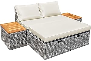 Devoko Outdoor Daybed Set Multifunctional Patio Day Bed Rattan Lounge Bed with 2 Side Tables for Backyard Porch Poolside Lawn Beach (Beige White)