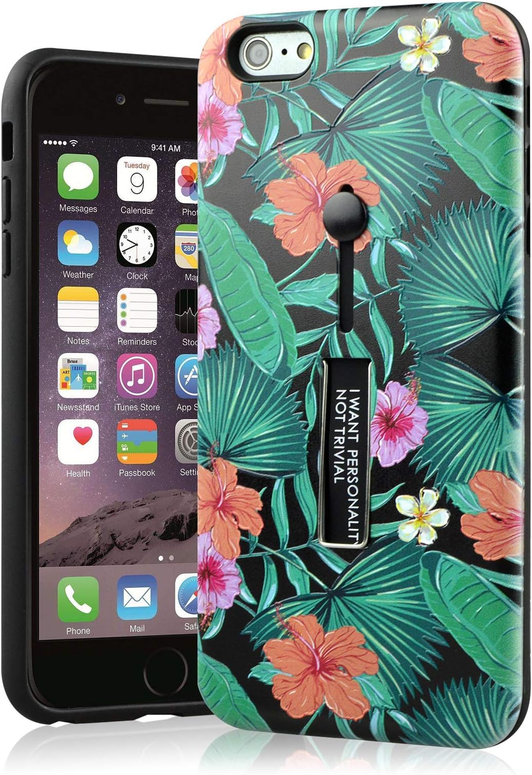 MadBee iPhone 8/iPhone 7 Case [with Screen Protector], Slim Shockproof Dual Layer Protection Cover [Finger Ring Strap,Metal Holder Kickstand] Case for Apple iPhone 8/iPhone 7 4.7" (Flower 14)