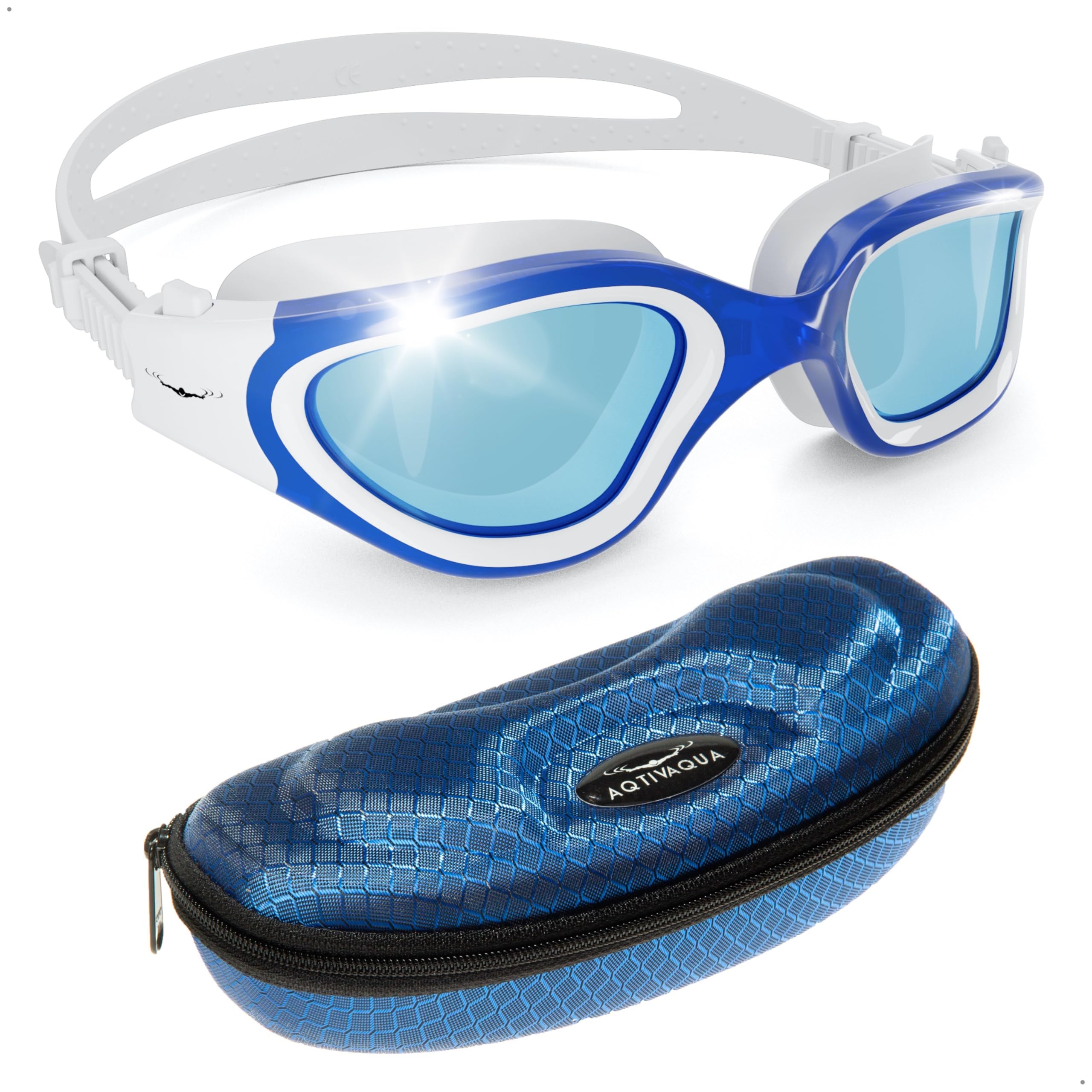 AqtivAqua Swimming Goggles Adult and Kids Goggles Kids 6-14 Men Women Swim Children Boys Girls DX-P (White&Blue frame, Blue case, Polarized lens)
