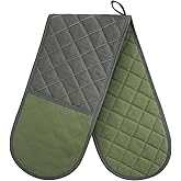 AUAUY Green Double Oven Mitts, 250°C/482°F Heat Resistant BBQ Mittens with Ropes, Silicone Non-Slip Design Kitchen Mittens, Cooking Glove Kitchen Accessories for Cooking Baking Grilling