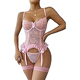 Vicarly Sexy Stocking Bows Ruffle Underwire Floral Lace Mesh Sheer Garter Belt Lingerie Set with Thong 3 Pieces