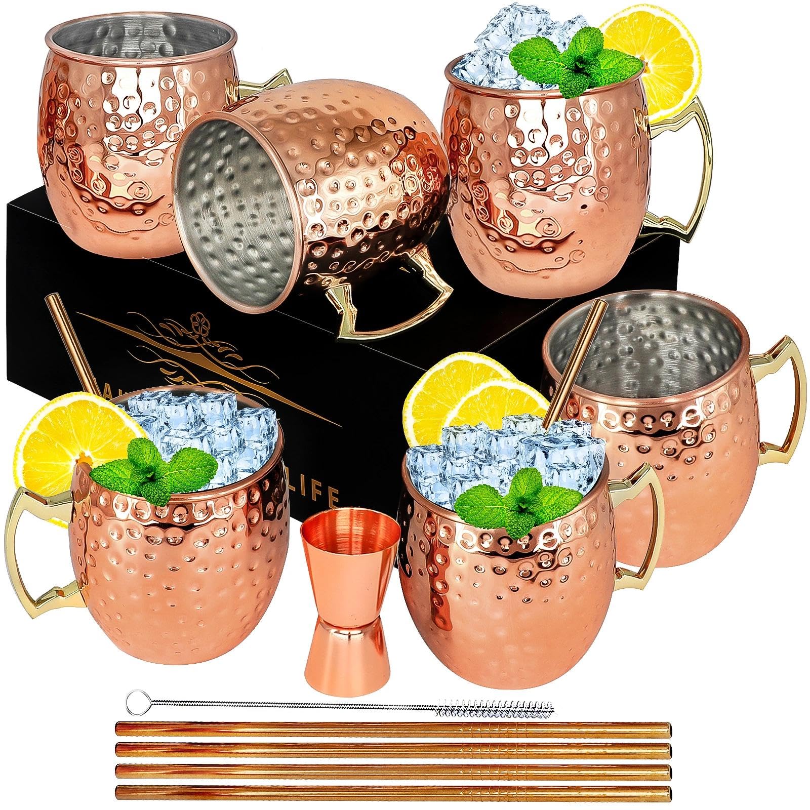 Moscow Mule Copper Mugs Set of 6-18oz Copper Plated Stainless Steel Cups, Rust-Resistant & Durable, Perfect for Cocktails, Iced Beverages, Chilled Drinks