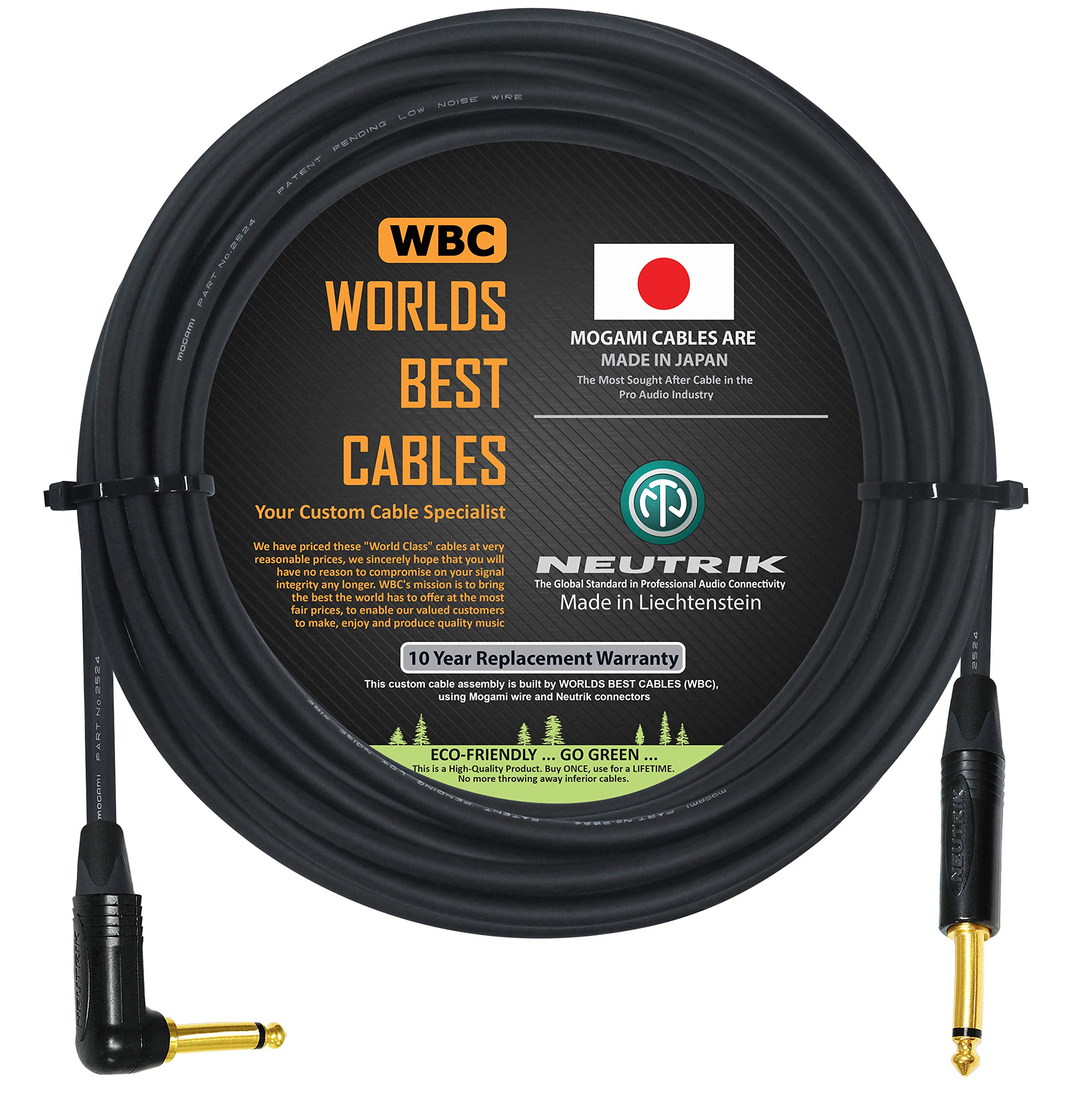 5 Meter - Guitar Bass Instrument Cable CUSTOM MADE By WORLDS BEST CABLES – using Mogami 2524 wire and Neutrik NP2RX-B & NP2X-B ¼ Inch (6.35mm) Gold TS Connectors