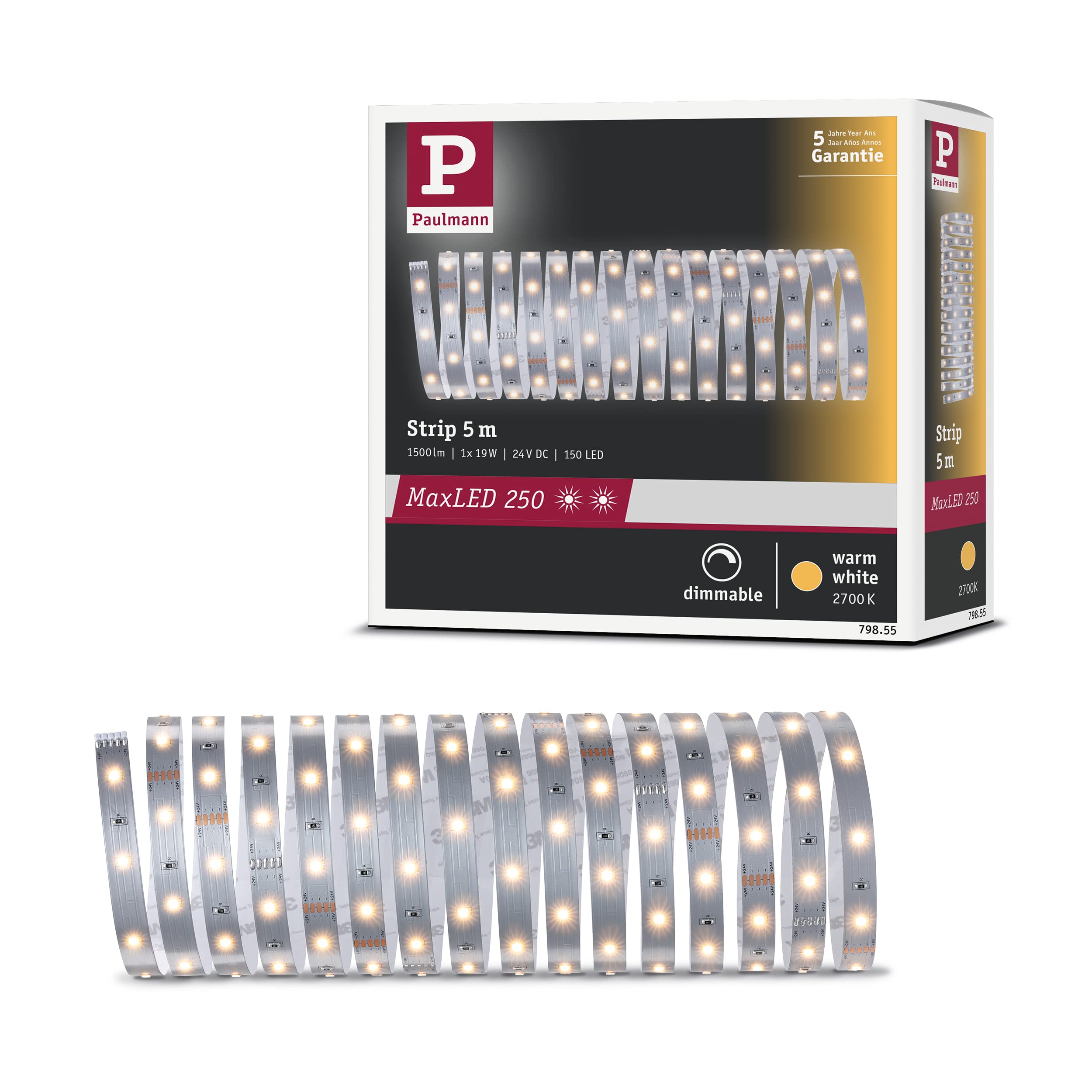 Paulmann 79855 MaxLED 250 LED Strip 5m Warm White IP20 incl. 1x20-watt Strip Lighting Strip 2700 K