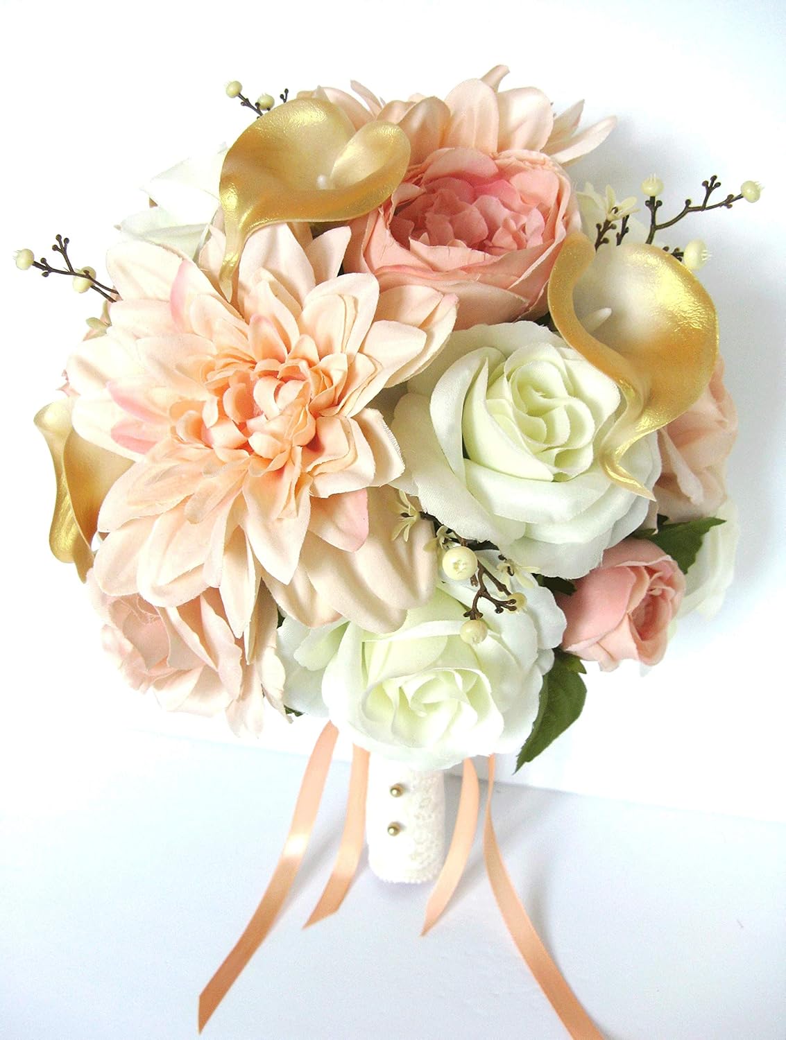 Amazon Com Wedding Bouquet 17 Piece Bridal Bouquet Set Blush Peach Cream Coral Gold Wedding Silk Bridal Flowers Bridesmaid Set Rosesanddreams Home Kitchen