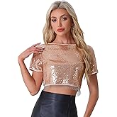 Allegra K Sequin Tops for Women's Glitter Short Sleeve Cropped Round Neck Tassel Cocktail Party Sparkly Top
