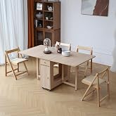 COMUHOME Drop Leaf Folding Dining Table with 4 Padded Chair &amp; Storage, Wood | 18mm Thick Plywood, 2 Drawers, 4 Wheels, Space-Saving, Space Saving Foldable Kitchen Table for Small Space Dining Room