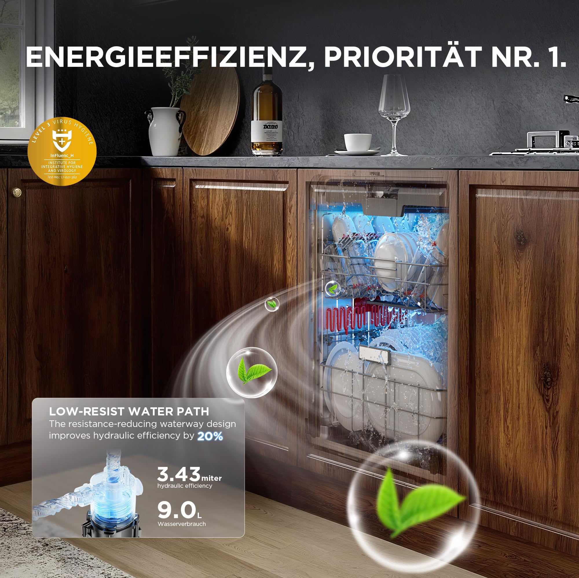 Midea MDWEB1403MB-EA Spülmaschine Vollintegriert 60 cm, 14 Maßgedecke, 9 Programme, Automatische Türöffnung, LED Display, 1/2 Halbe Ladung, Startverzögerung, Geschirrspüler Einbaugerät mit WIFI, 42dB 3
