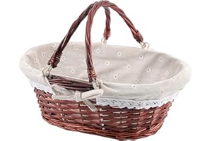 ZEONHEI Brown Oval Wicker Woven Basket, Attractive Willow Woven Gift Basket, Fruit Picnic Easter Candy Wedding Party Decoration Serving Basket with Folding Handles and Linen Cloth Lining