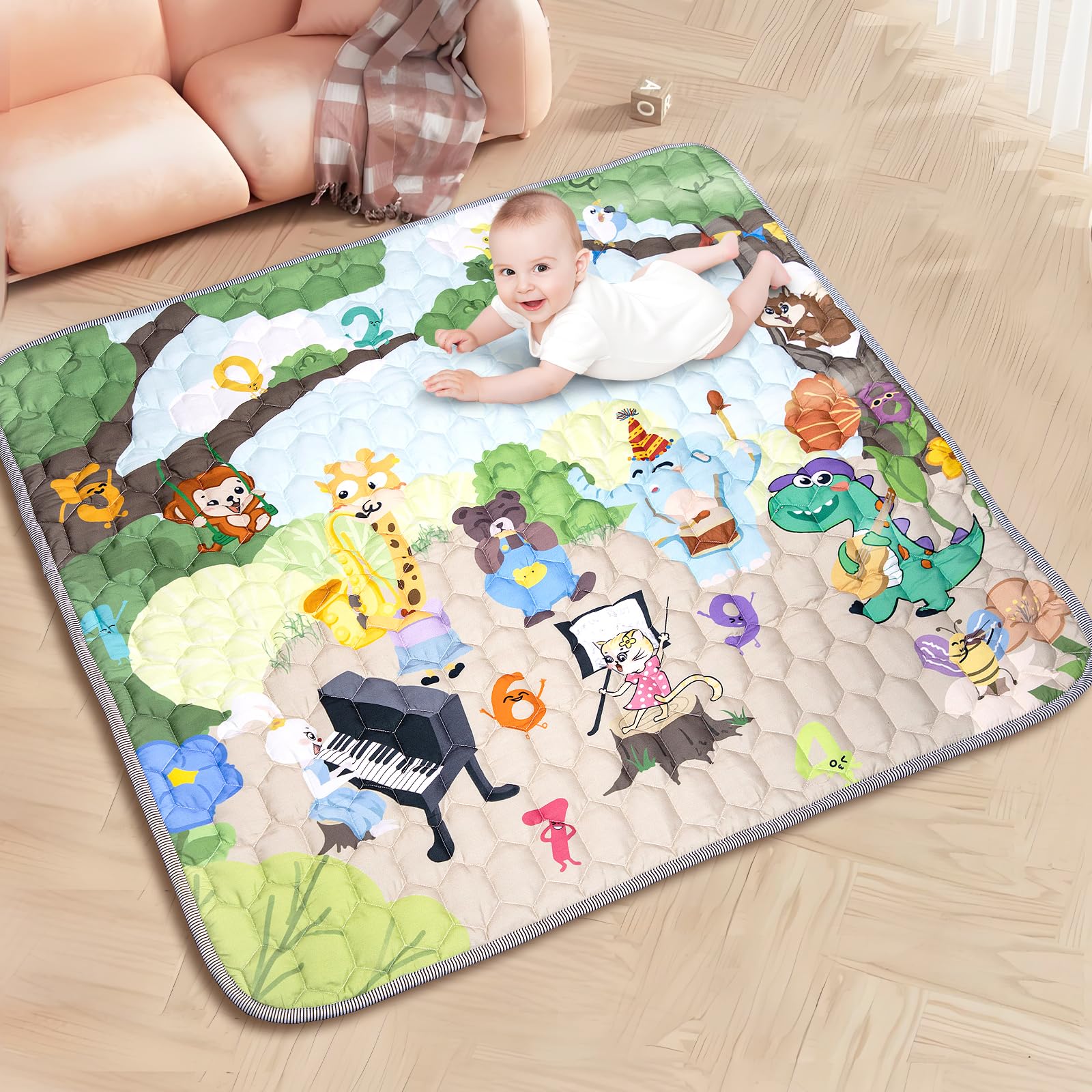 Funsland Baby Play Mat for Floor - Foldable Water Resistant Large 127 * 127cm Animal Playmat for Toddler Activity Crawling