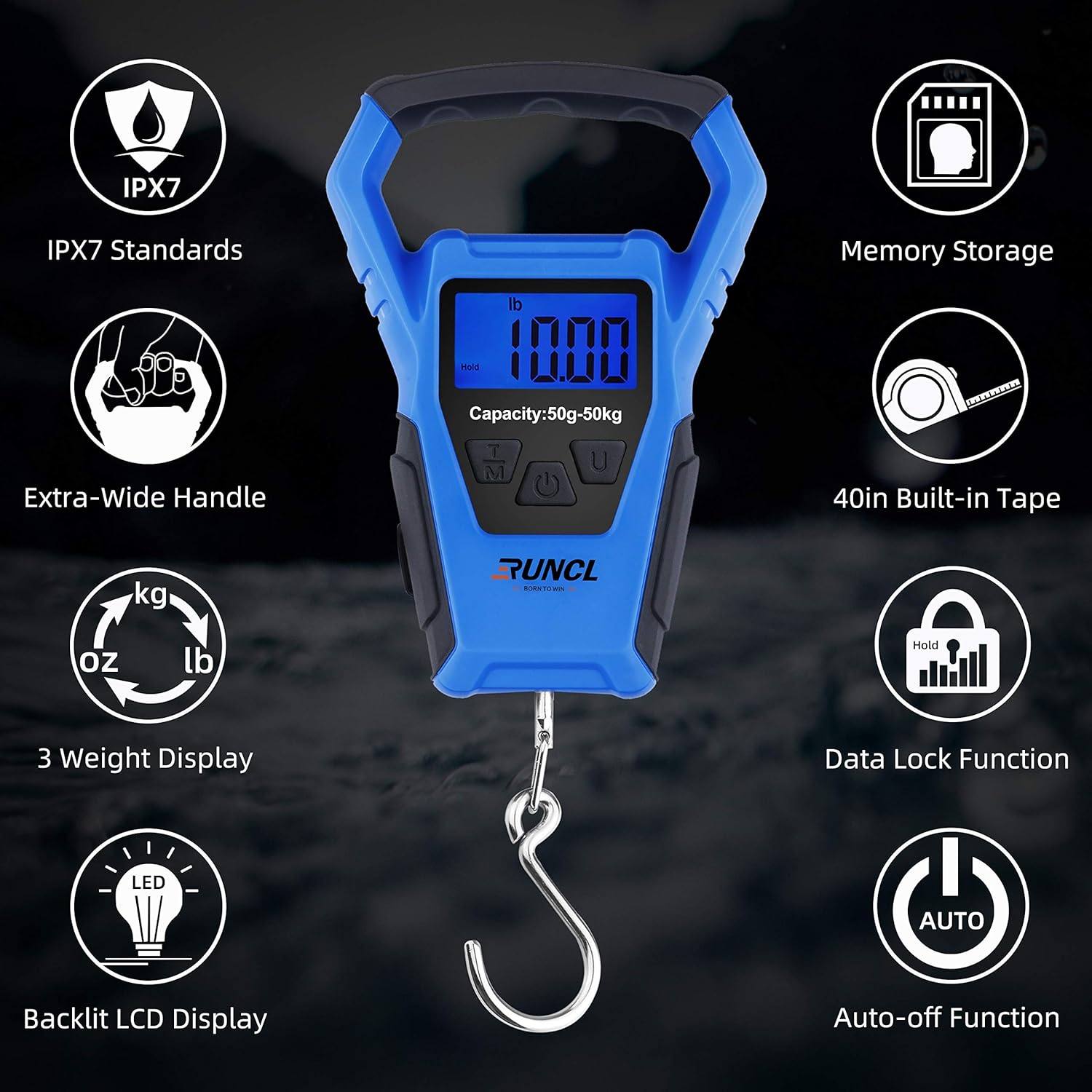 RUNCL Waterproof Fishing Scale with Premium Fish Lip Gripper, Digital Scale with Ruler, Weight Scale 110lb/50kgs - Backlit LCD Display, Memory Storage & Summation - Hanging Scale (Blue) : Sports & Outdoors