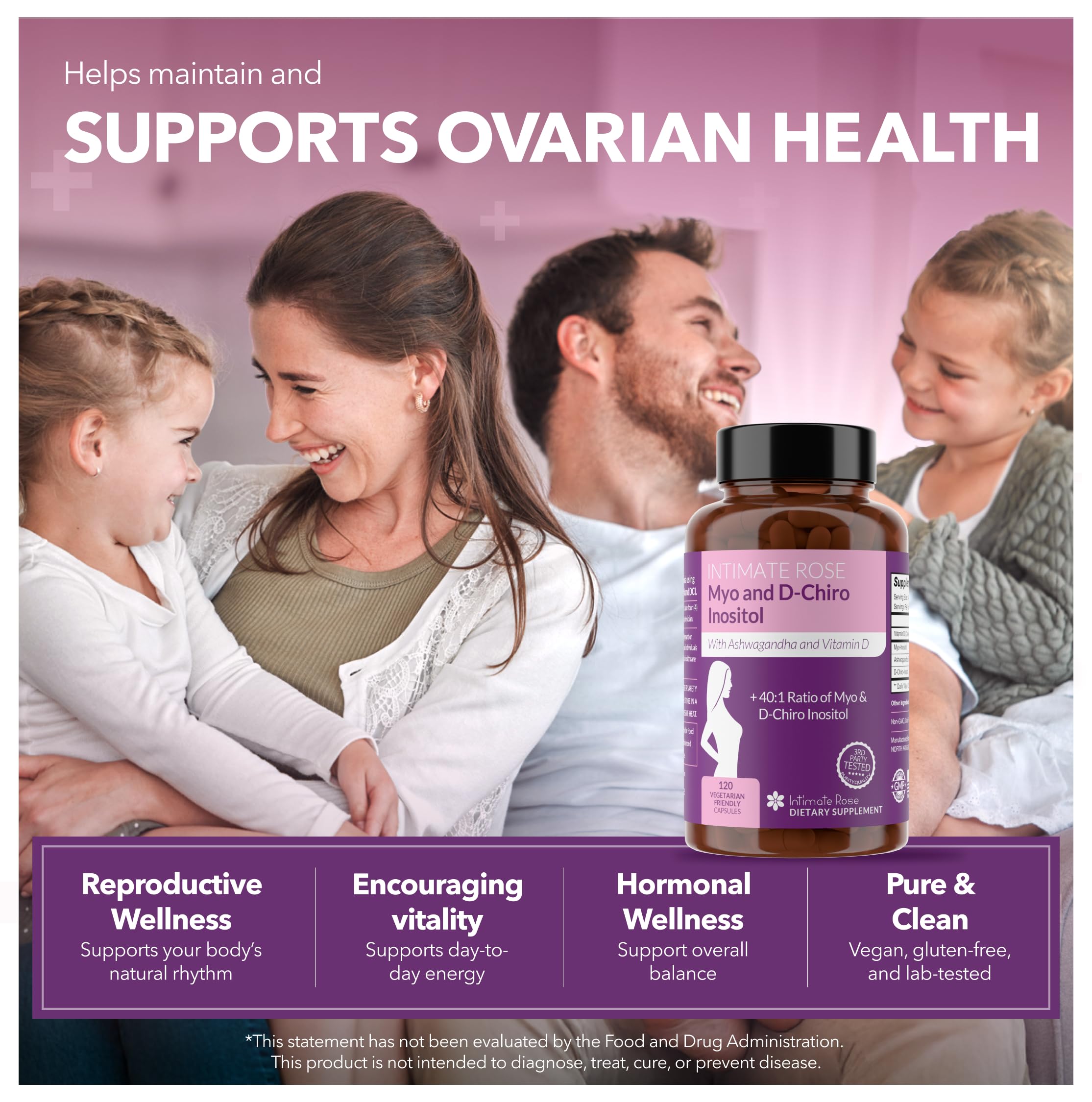 Intimate Rose Myo-Inositol & D-Chiro Inositol Supplement for Women - Hormone Balance & Ovarian Support for Women - Ideal 40:1 Ratio, Vitamin D3 + Ashwagandha