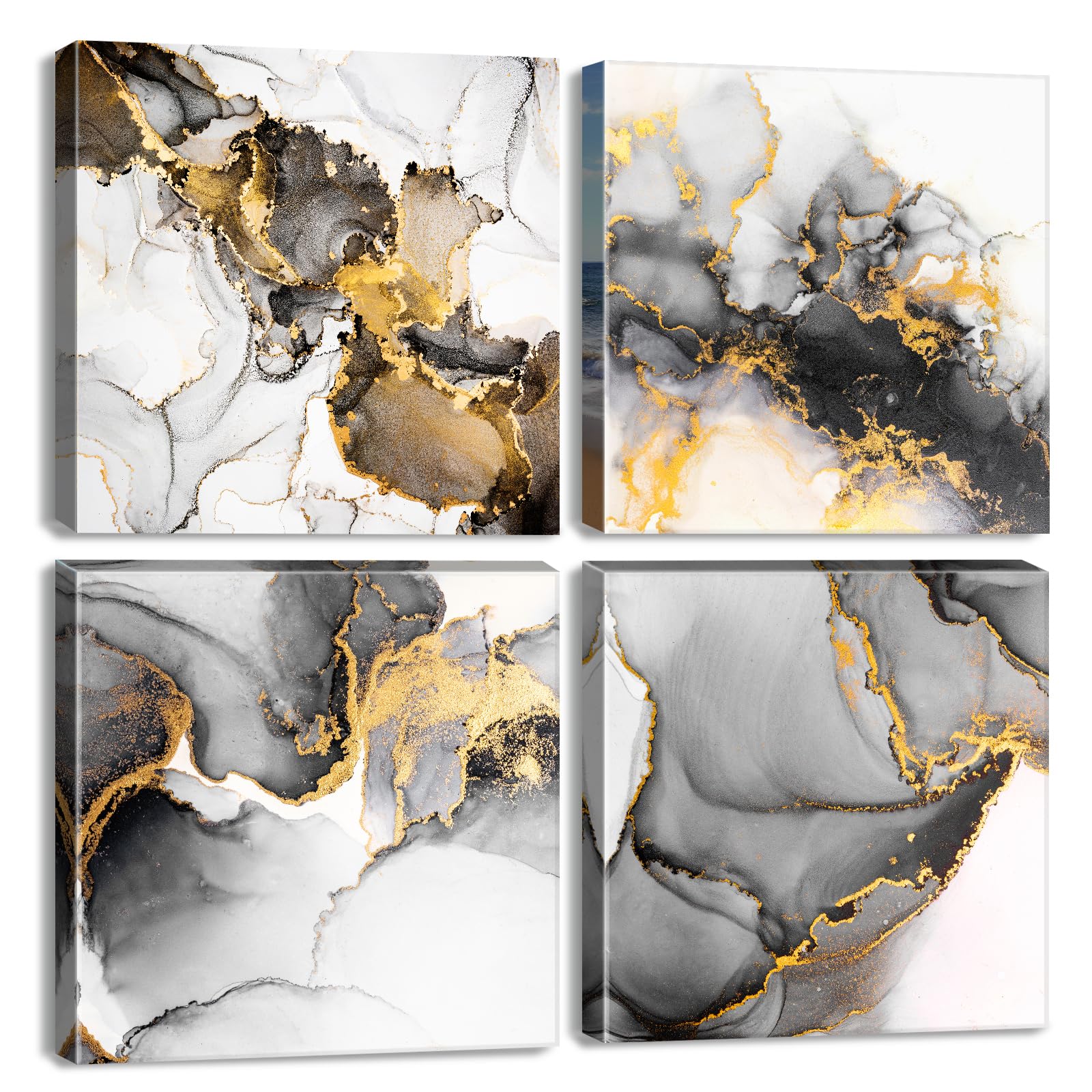 Photo 1 of Abstract Black and Gold Wall Art Marble Artwork for Walls Ink Texture Painting Canvas Prints Living Room Bathroom Decor Watercolor Fluid Lines Pictures Framed Bedroom Office Home Decorations 12x12” 4P