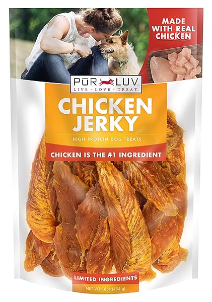 PUR LUV DOG TREATS, CHICKEN JERKY FOR DOGS, MADE WITH 100% REAL CHICKEN BREAST, 16 OUNCES, HEALTHY, EASILY DIGESTIBLE, LONG-LASTING, HIGH PROTEIN DOG TREAT, SATISFIES DOG’S URGE TO CHEW (PACK OF 1)