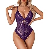 Avidlove Women One Piece Lingerie Sexy Lace Bodysuit Deep V Teddy Criss Cross Sexy Sleepwear Purple Small