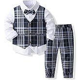 Kimocat Boys 3Pcs Clothing Sets Elegant Long Sleeve Shirts + Vest with Flower+Pants Party Suit