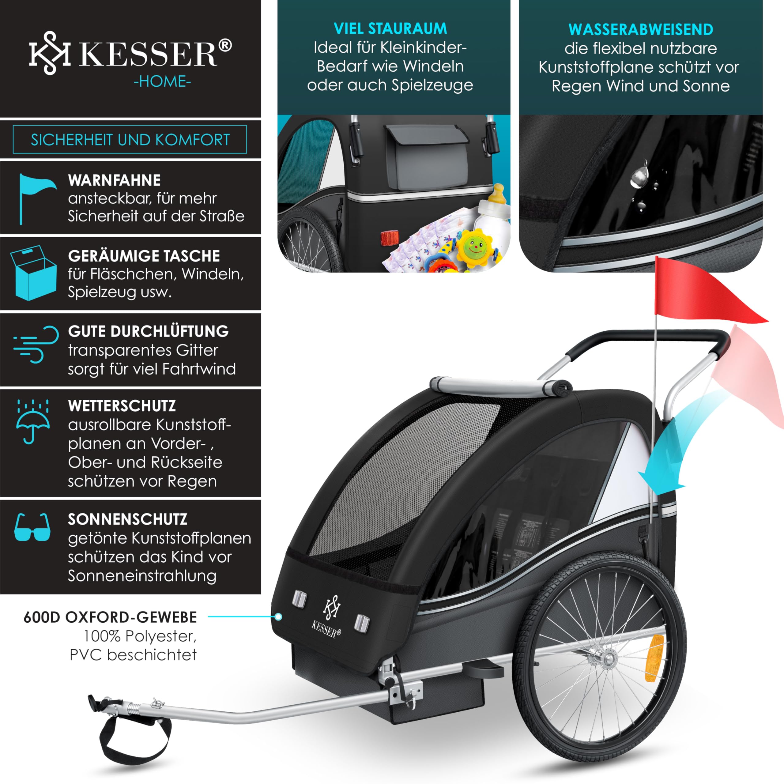 KESSER® Kinderfahrradanhänger Sport-RX 2in1 Jogger & Buggy 5-Punkt-Gurt Sicherheitsgurt 360° Vorderrad Kinderfahrradanhänger Reflektoren für 1-2 Kinder (max. 40 kg) Getränkehalter & Smartphonefach 3