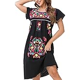 YZXDORWJ Women Mexican Embroidered Long Dress Ruffle Collar Maxi Boho Floral Summer Short Sleeve
