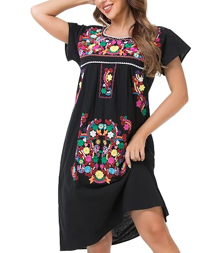 black mexican dresses Authentic Embroidered Dress from Mexico Womens Vestidos Bordados Mexicanos huipil Colorful Dress Vestidos Long Traditional Bordados Dress Short Sleeve (S, Biege and Colors) : Clothing, Shoes & Jewelry Theme Girls Leni Velour 25 in Length Size:6x Logistics
