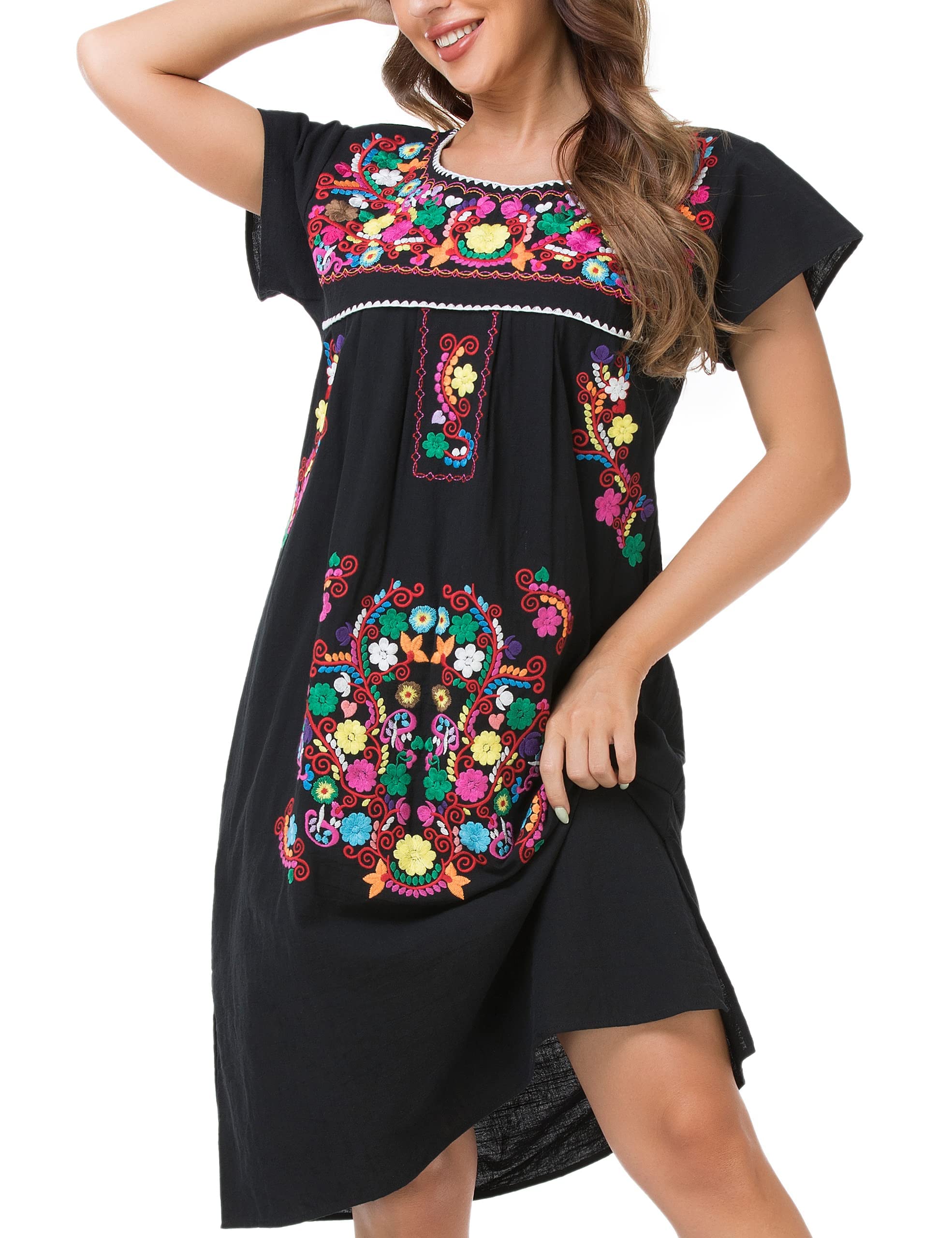 Photo 1 of YZXDORWJ Women Mexican Embroidered Dress Ruffle Collar Sleeveless (S, 626BKW)
