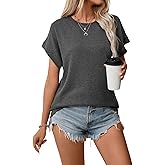 Samefar Womens Tops Dressy Casual Round Neck Short Cap Sleeve Shirts Rib Texture Loose Blouses Tee Cute Clothes Trendy