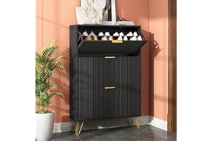 Sscaktu Shoe Storage Cabinet with 3 Flip Drawers, 31.5" W Fluted Shoe Cabinet for Entryway, Hidden Shoe Cabinet Storage, Narrow Free Standing Shoe Orgnaizer Rack Cabinet for Foyer Hallway, Black