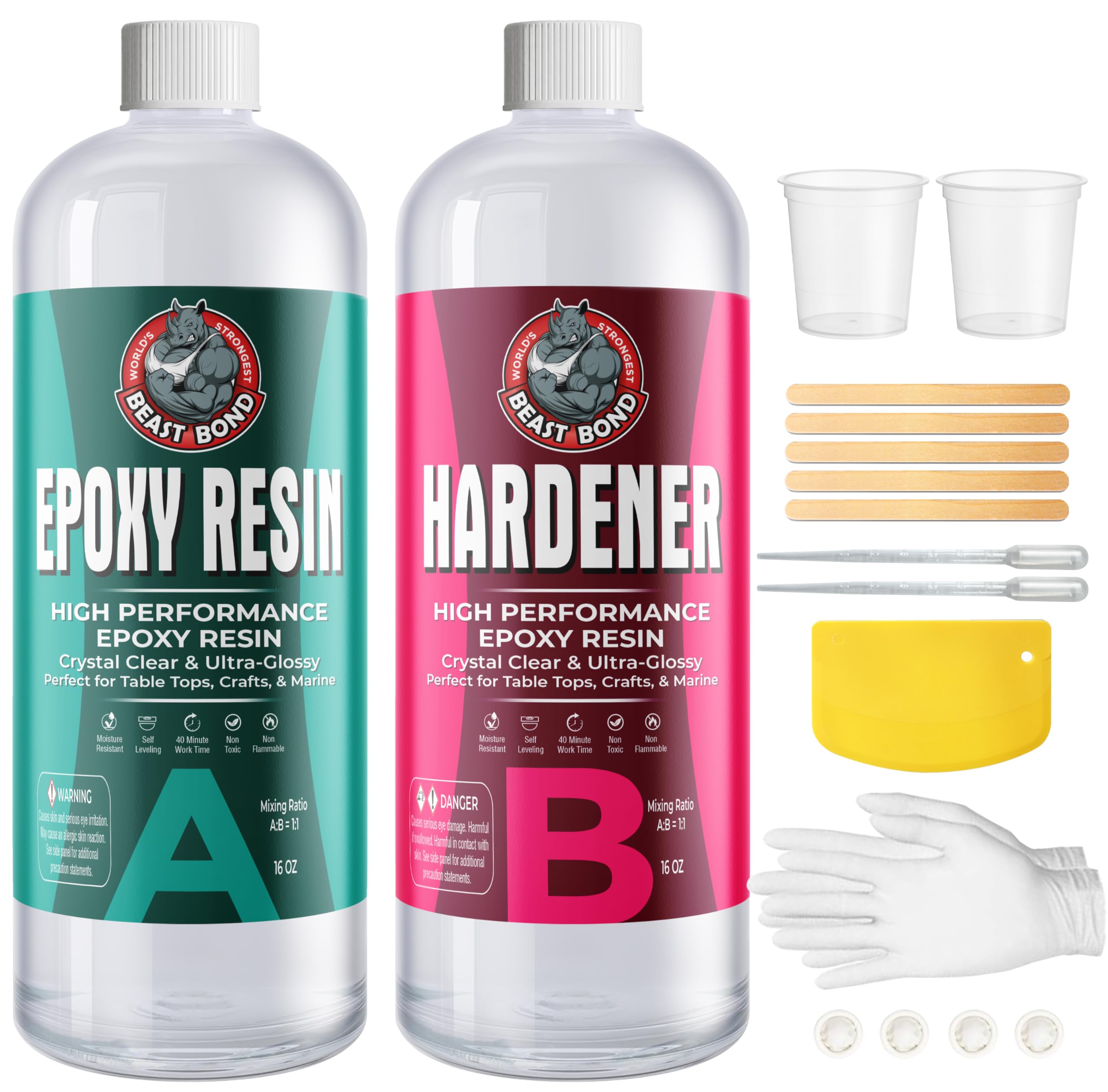 beast bond crystal clear epoxy resin kit 32oz, self-leveling, ultra-glossy, bubble free, uv & moisture resistant resin kit for art, jewelry, tabletops, wood finishes, marine, easy 1:1 mix, diy crafts