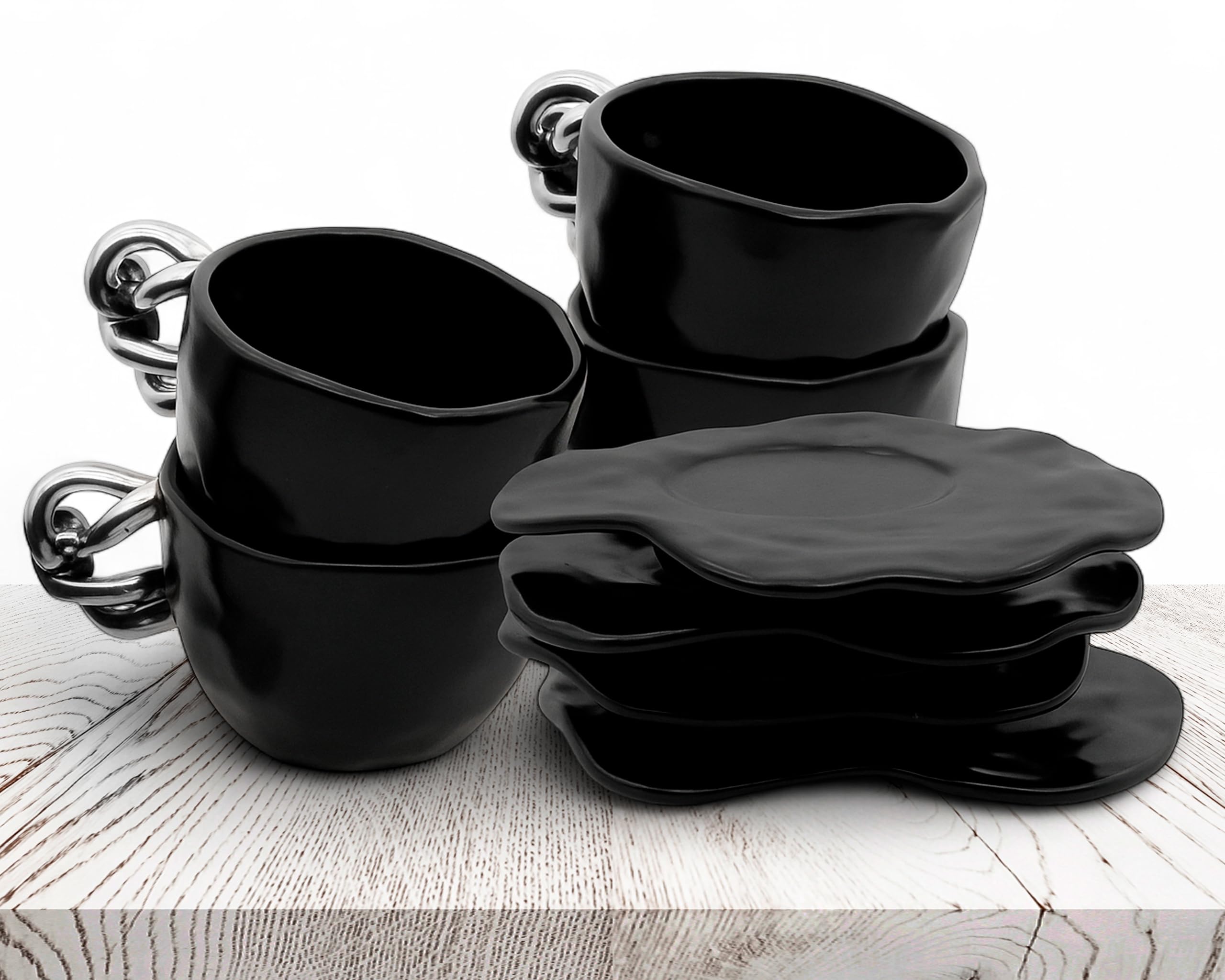 Photo 1 of **3/4 PIECES, MISSING MUG* EmaRosa Ceramic Tea Cup Set with Silver Handle – Black Faceted Teacup and Saucer Set of 4 – Elegant Mugs Set of 4 for Coffee or Tea – Luxury Gift Box