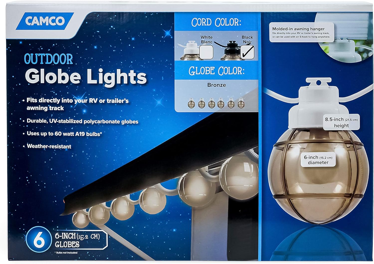 Camco 42761 Decorative RV Awning Globe Lights 6 Bronze Globes on