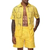 LecGee Men Summer Casual Short Sets Lace Short Sleeve Button Down Shirt Elastic Waist Shorts 2 Piece Outfits Tracksuit