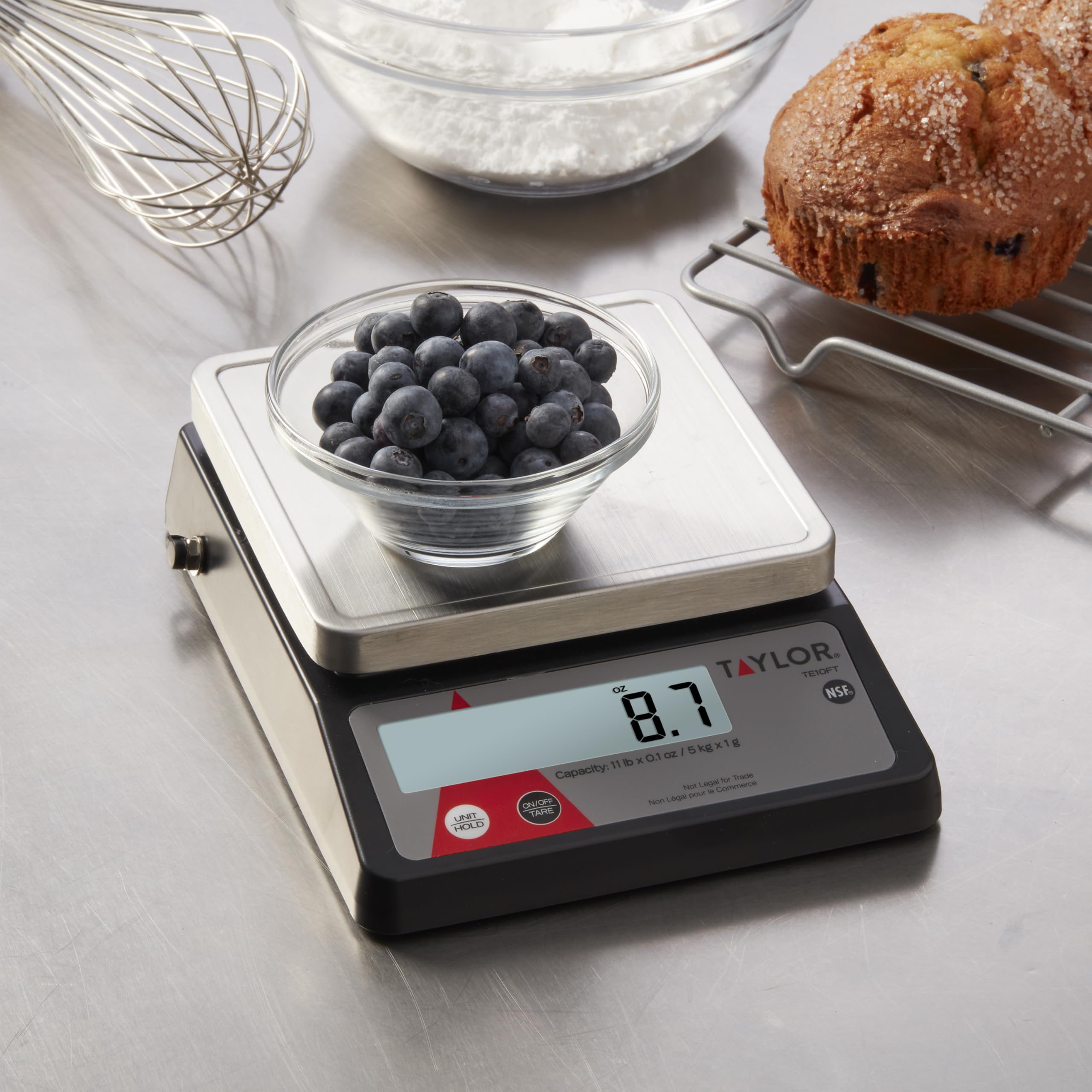 Taylor TE10FT 11-Pound Commercial Digital Portion Control Scale, 11 lb (5 kg) in 0.1 oz (1 g) Food and Cooking Scale, Tare and Hold Function, NSF, Stainless Steel Platform