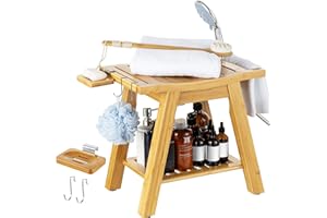 ETECHMART Bamboo Shower Bench, A-Shaped Spa Seat with Storage Shelf for Shaving, Waterproof Shower Chair for Seniors and Adults