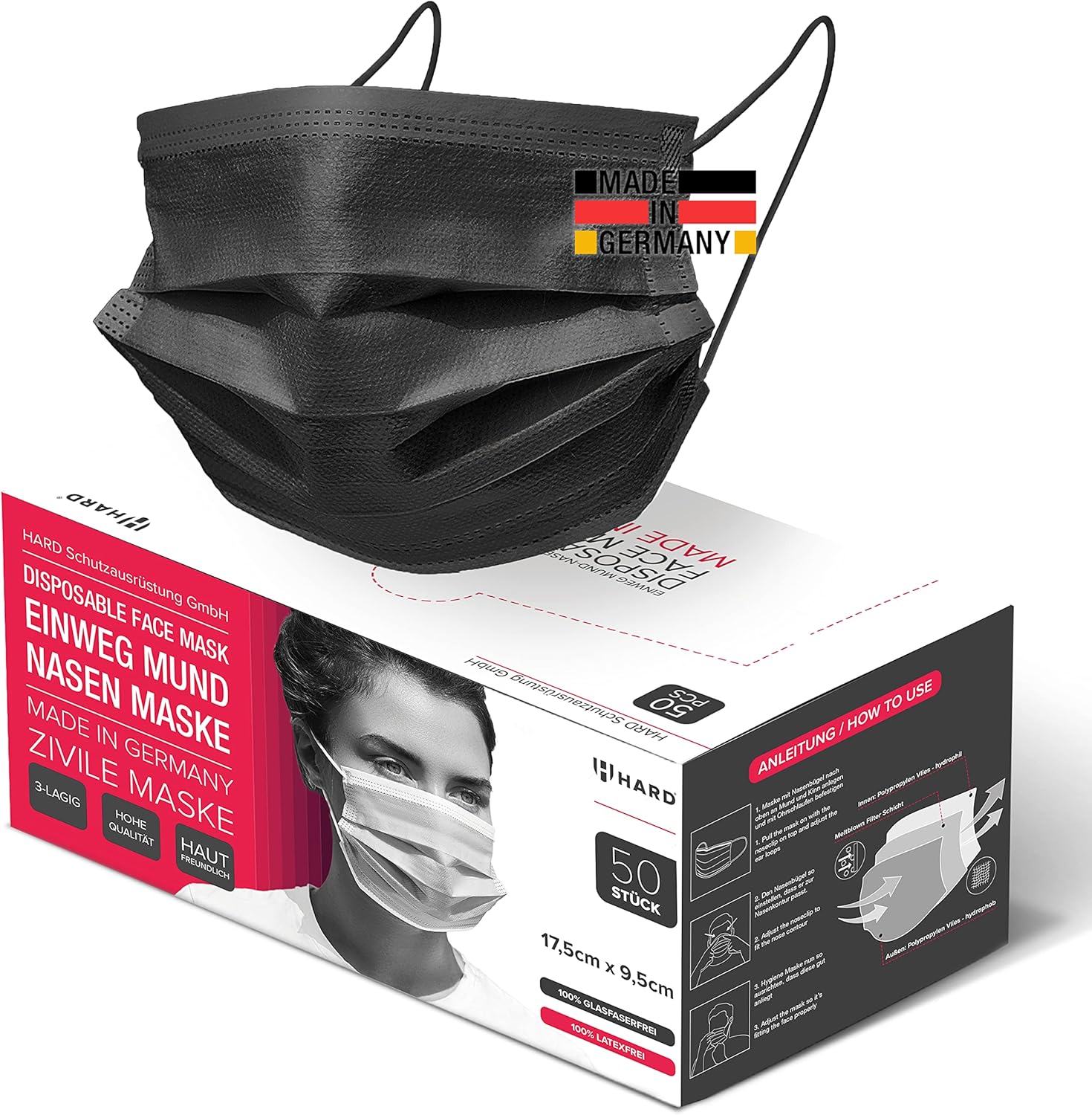 HARD 50 pieces Disposable Face Masks Made in Germany, Face Covering