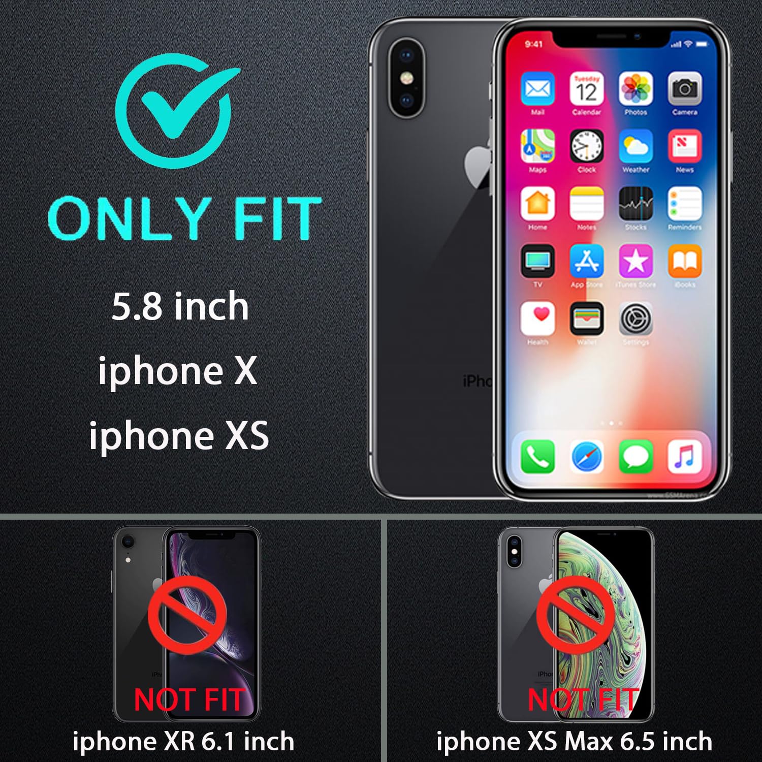 for iPhone X Case/iPhone Xs Case, Military Grade 3 in 1 Heavy Duty Shockproof/Drop Proof/Dust Proof Case with 2Pcs Tempered Glass Screen Protector (Black/Grey)