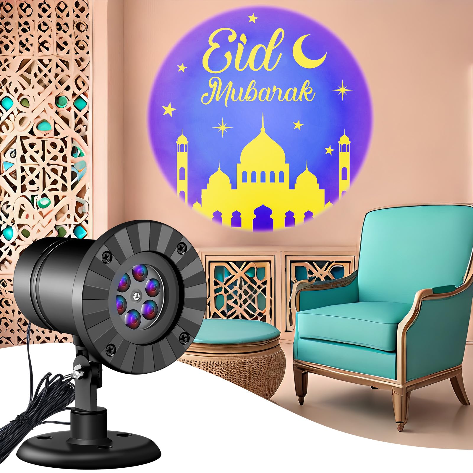 Photo 1 of Rossesay Ramadan Decorations Outdoor Eid Mubarak Projector Lights Outdoor Christian Muslim Moon Star Holiday Decorative Lights for Garage Yard Garden Porch Door Wall Indoor Decor