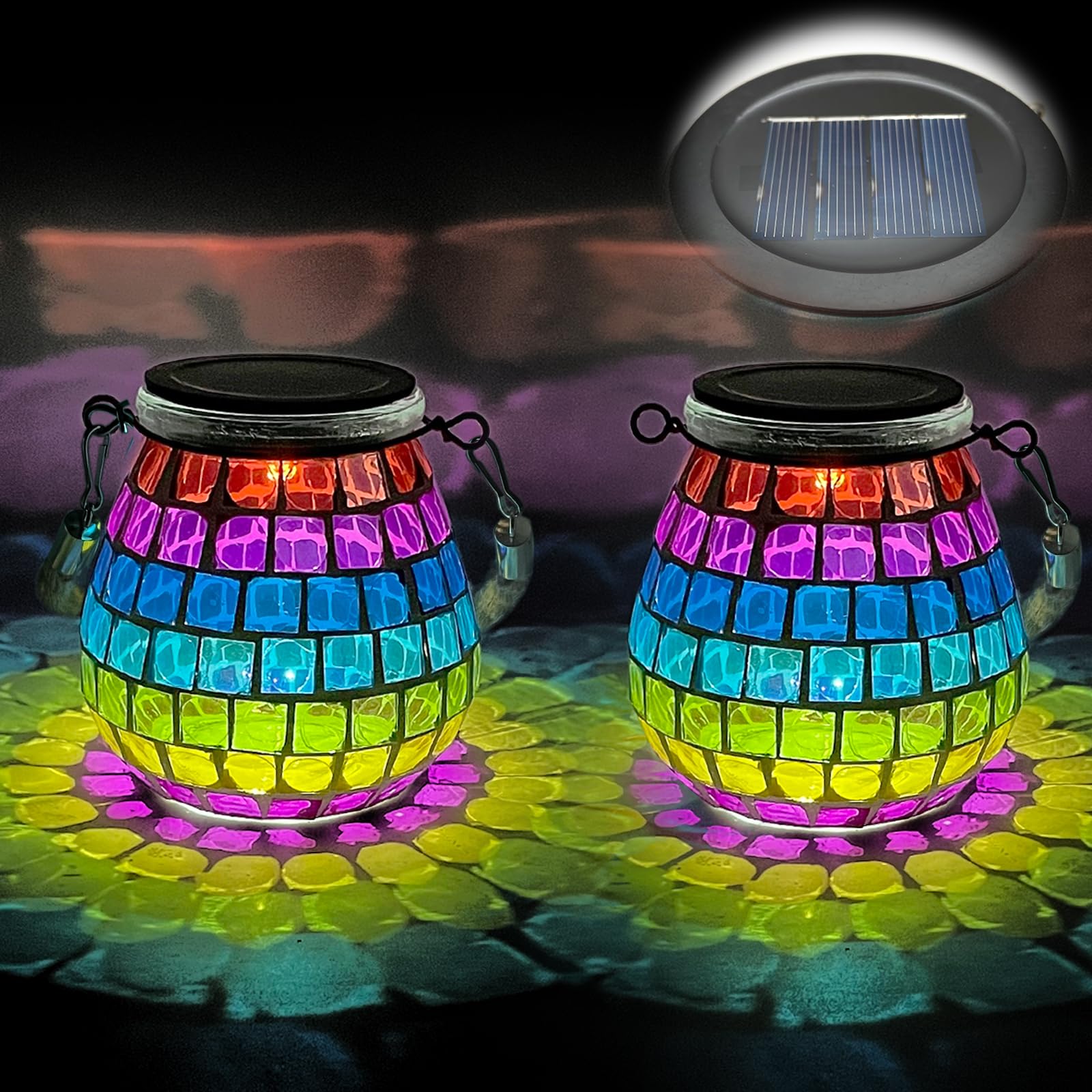 TOTHDATE 2PCS Oval Solar Mosaic Lights Outdoor, On/Off Glass Hanging Solar Mosaic Lanterns Lights IP65 Waterproof for Table Lawn Path Courtyard Deck Fence, Color Square Mosaic Light