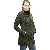 Aran Crafts Women's Irish Cable Knitted Wool Hooded Zip Coat (100% Merino Wool)
