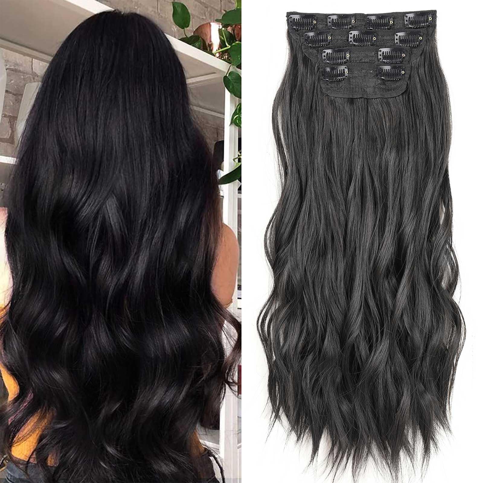 Xtrend 20Inch Black Wavy Clip in Hair Extensions - Synthetic Wavy Hair Pieces for Women & Girls - 4PCS Full Head Set โ image 1