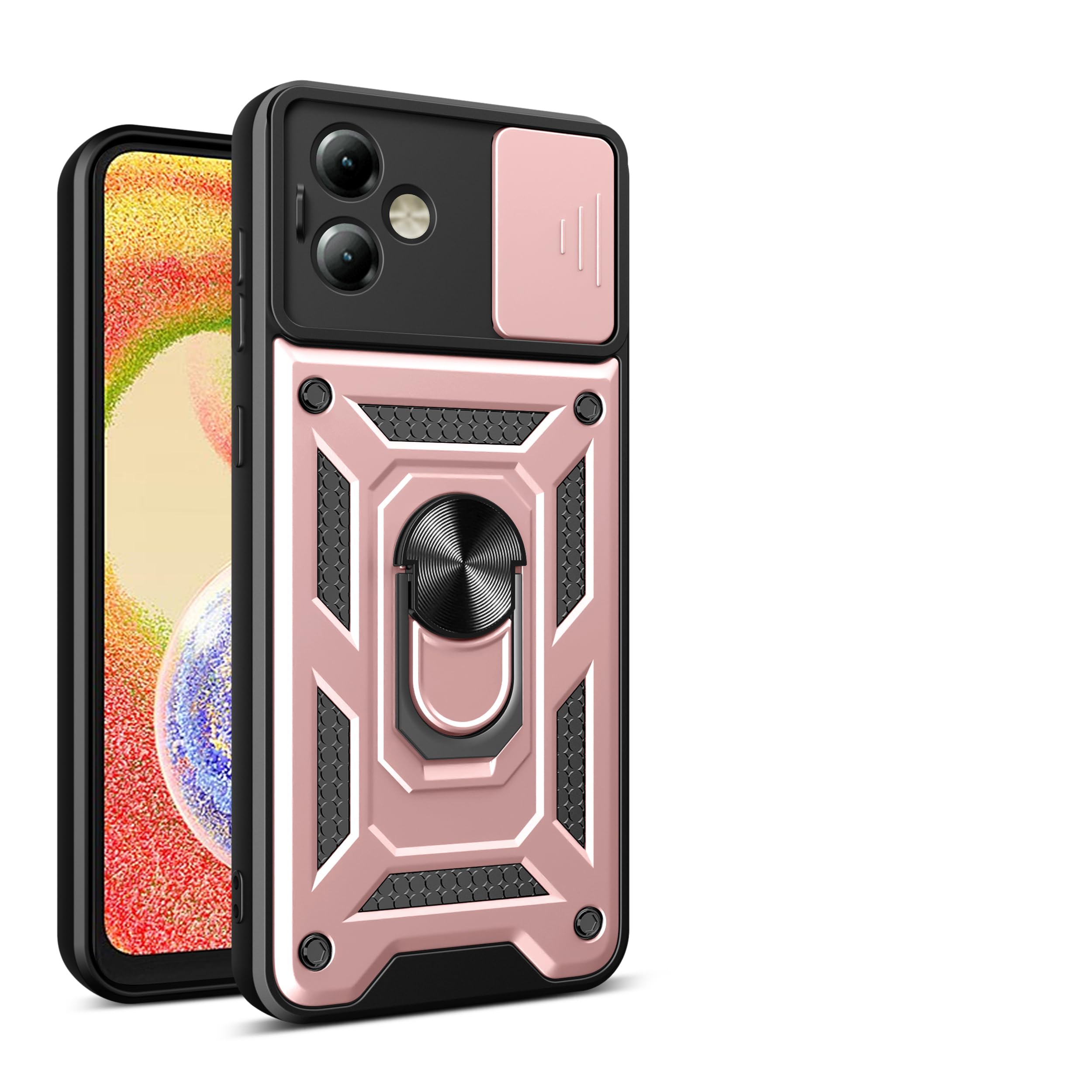 Sawiqpd for Motorola Moto G34 5G Phone Case with Slide Camera Cover, Magnetic Metal Ring Kickstand Shockproof Military Grade Cover Heavy Duty Tough Armour Protection Case for Moto G34 5G, Rose Gold