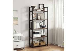 Acovy 5 Tier Bookshelf Rustic Industrial Style, Storage Shelves, Metal Book Shelves Bookcase Book Shelf Display Shelf for Home Office, Living Room, Bedroom, Kitchen (23.6" W, Brown)