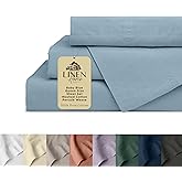 Linen Home Washed Cotton Percale Queen Sheet Set, Baby Blue, Preshrunk, 4 Pieces Sets - 1 Flat, 1 Deep Pocket Fitted Sheet & 2 Envelope Closure Pillowcases, Soft, Cool and Comfortable Bed Linen