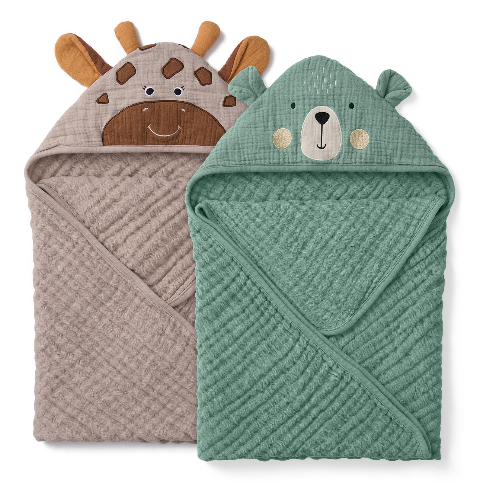 Photo 1 of Blissful Diary Muslin Baby Hooded Towel 2 Pack, Soft & Absorbent Bath Towel for Infant, Toddler, Unisex, Baby Gift, Newborn Essentials, Bear & Giraffe