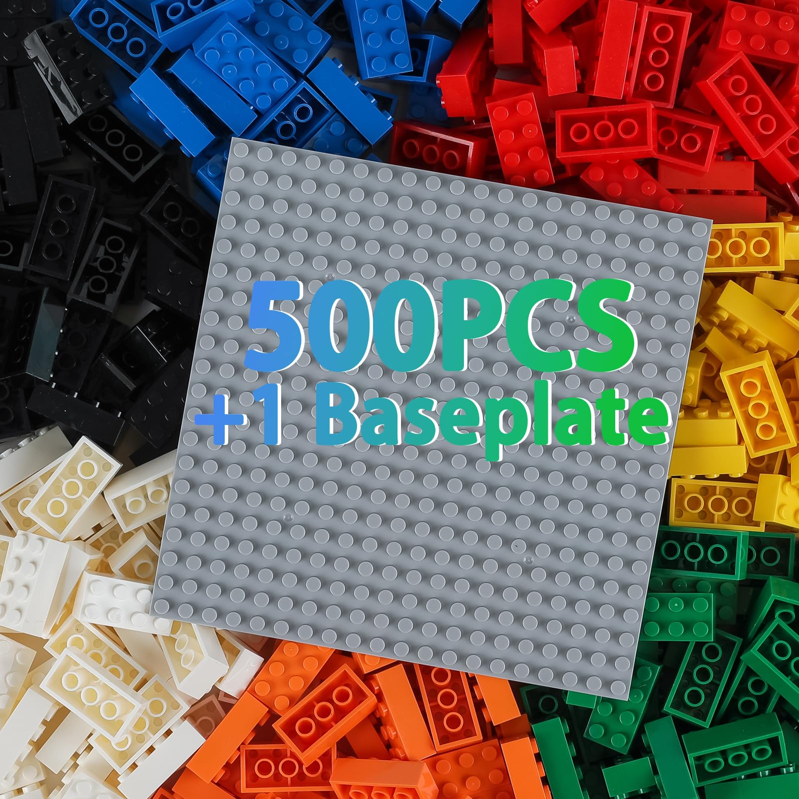 HUIZDQ 500 Piece Classic Building Bricks and 1 Gray Baseplate, 2x4 Bricks Bulk Creative Building Toys, Blocks Bulk for Kids Ages 6+, 7 Colors(Samll Bricks, 1.25x0.62x0.47 in)